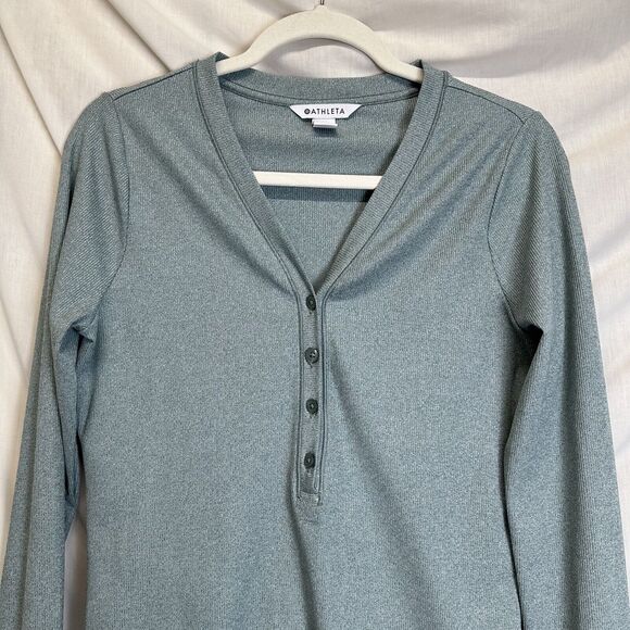 Athleta Women's Top Medium Green Uptempo Ribbed Henley V Neck Long Sleeve Athlet - Picture 3 of 11